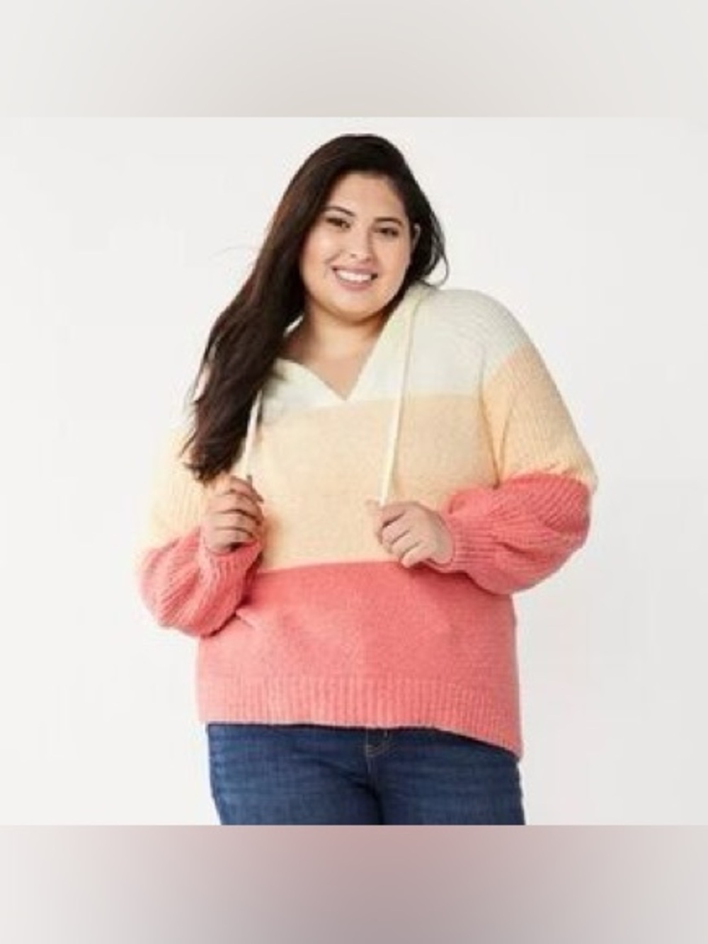 SO Colorblock Hooded Sweater - White, Peach & Pink